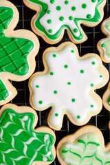 Four leaf clover sugar cookies decorated for St. Patrick's Day
