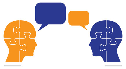 Puzzle shaped heads with communication bubbles vector illustration. Communication, diversity and community concept design. 
