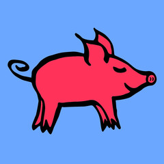 Hand drawn cartoon sketch of cute funny pig character. Vector illustration pink coral on blue background