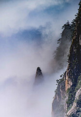 View of the clouds and the pine tree at the mountain peaks of Huangshan National park, China. Landscape of Mount Huangshan of the winter season.