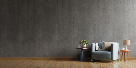 Loft style house with armchair and accessories in the room behind the concrete wall.