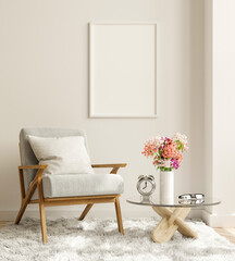 Mock up poster in modern living room interior design with white empty wall.