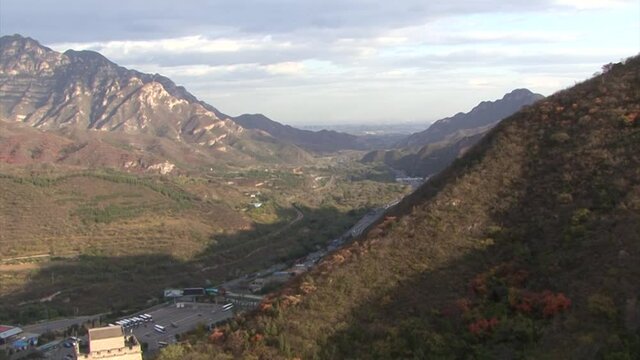 The mountains and the buildings around the Great Wall of China, Juyong Pass section.
