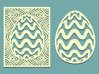 Set of Tracery Eggs with wavy stripes pattern. Laser cutting oval and rectangle card template. Happy Easter egg with pattern. Silhouette of elements.