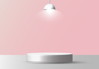 3D realistic empty white round pedestal mockup with lamp on soft pink background