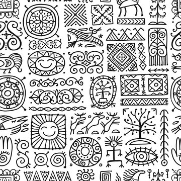 Ethnic handmade ornament, Folk Nordic Symbols. Seamless Pattern for your design