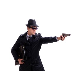 Fototapeta na wymiar Man spy with handgun isolated on white background