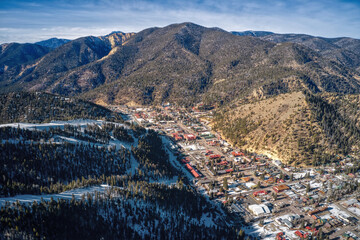 Aerial View of Red River Ski Town in New Mexico Mountains