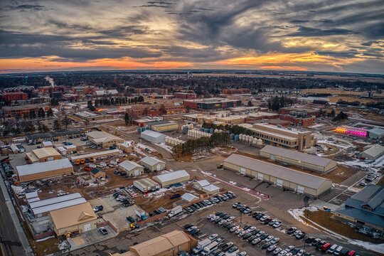 Aerial View Of A University At Dusk In Brookings, South Dakota