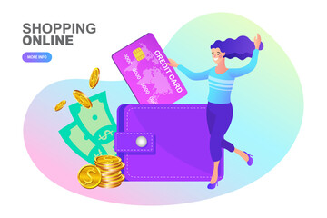 young woman holding plastic card and girl with coin. Salary, credit balance and budget concept. Successful Business People Put Money in Huge Purse. Cartoon Vector Illustration