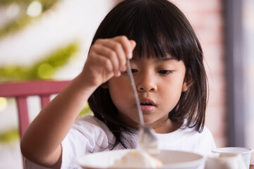 Girls with food, children and eating, cute Asian girls