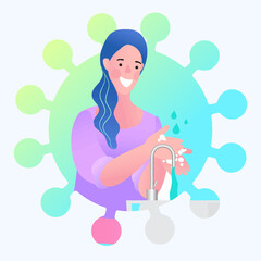Hygiene and disease prevention concept. A smiling woman washes her hands with soap, with a large virus symbol in the background. Vector for health, safety, and coronavirus awareness.