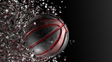 Scratched Metallic Black-Red Basketball with Rotation Particles under spot lighting background. 3D illustration. 3D high quality rendering. 