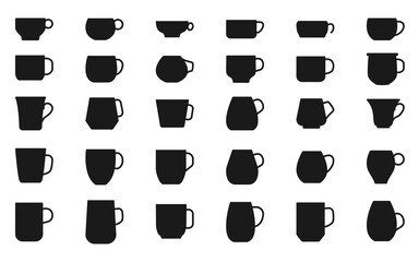 Coffee or tea cup black icon set. Different shape empty logo for shop, coffee house menu. Simple silhouette pictogram symbol espresso or latte and energy morning. Isolated on white vector illustration