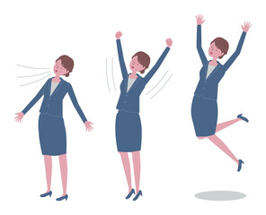 深呼吸、背伸び、ジャンプをする　青いスーツを着た女性