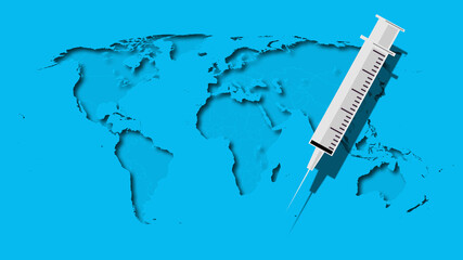 Worldwide vaccination, all over the planet. Illustration of the vaccination of the COVID-19 pandemic on the planetary level. Virus, coronavirus. Syringe with needle on the world map. Vaccine.