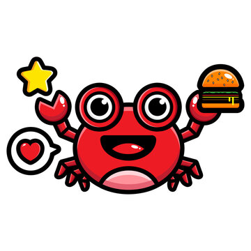 vector design of cute cartoon crab animal holding a hamburger
