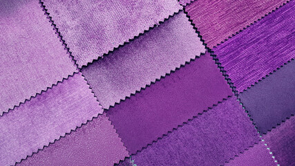close up catalog of interior luxury fabric sample chart showing multi texture and pattern in pink ,purple and violet color tone. interior drapery and curtain samples palette.