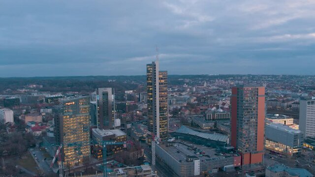Flying over down town Vilnius after sunset.
