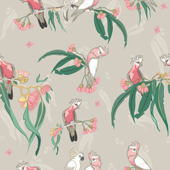 Australian native cockatoos and Galah birds seamless pattern. Vector illustration