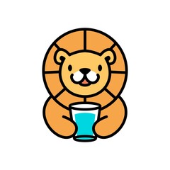 cute lion glass cup drink cartoon playful logo vector icon illustration