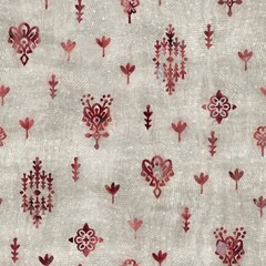 Seamless grungy tribal ethnic rug motif pattern. High quality illustration. Distressed old looking native style design in faded sun burnt red and cream colors. Old artisan textile seamless pattern.