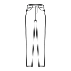 Jeans tapered Denim pants technical fashion illustration with full length, low waist, rise, 5 pockets, Rivets, belt loops. Flat bottom template front, white, color style. Women, men, unisex CAD mockup
