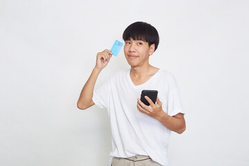 Fototapeta premium man Holding a card with a phone