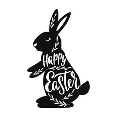 Happy Easter greeting card with silhouette of bunny, rabbit.