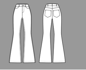 Jeans flared bottom Denim pants technical fashion illustration with full length, normal waist, high rise, Rivets. Flat bottom apparel template front back white color style. Women men unisex CAD mockup
