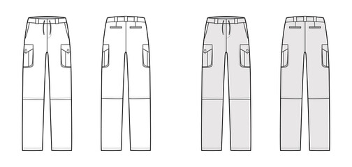 Zip-off convertible pants technical fashion illustration with low waist, high rise, box pleated cargo jetted pockets, belt loops. Flat template front back, white grey color style. Women men CAD mockup
