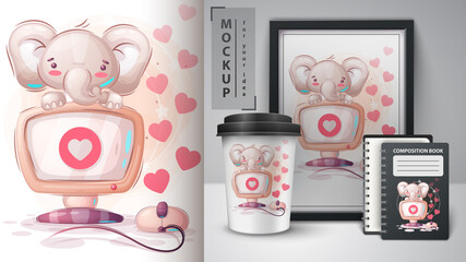 Elephant works at the computer poster and merchandising.