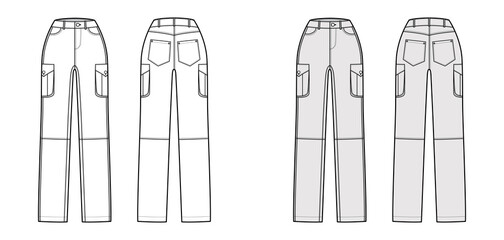 Set of Jeans cargo Denim pants technical fashion illustration with normal waist, high rise, pockets, belt loops, full lengths. Flat bottom front back, white, grey color style. Women, men CAD mockup