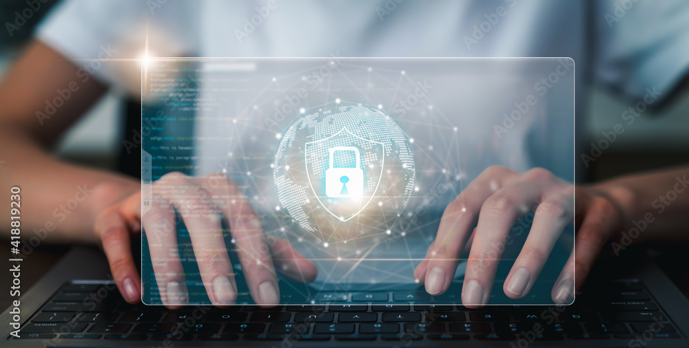 Poster technology concept with cyber security internet and networking, businessman hand working on laptop, 