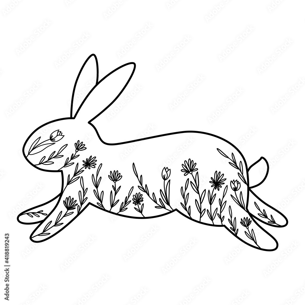 Wall mural Happy Easter greeting card of bunny, rabbit icon, decorated with flowers.