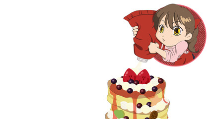 パンケーキに苺・クッキー・クリームをデコレーションする女の子