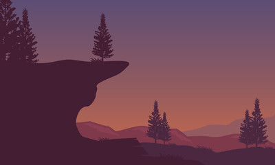 Amazing Silhouette view of mountains and cypress trees under a stunning sundown sky. Vector illustration