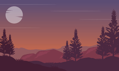 Stunning silhouette of cypress trees under the beautiful twilight sky. Vector illustration