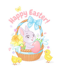Cute Easter bunny and chicks with basket full of flowers and eggs. Happy Easter greeting with vector illustration.