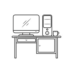 Desktop computer on the table vector illustration, simple hand drawn Line Icon