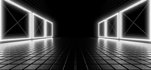 A dark corridor lit by white neon lights. Reflections on the floor and walls. 3d rendering image.