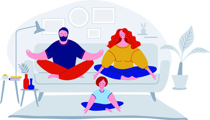 Vector flat illustration of calm young family with little daughter sit on couch practice yoga together, happy parents with small preschooler girl child rest on sofa meditate relieve negative emotions 
