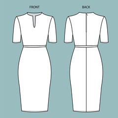 dress front and back view. dress fashion flat sketch template.  