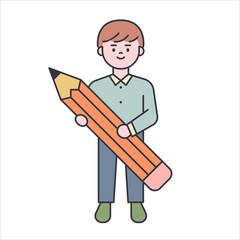 A cute boy is standing with a large pencil. flat design style minimal vector illustration.