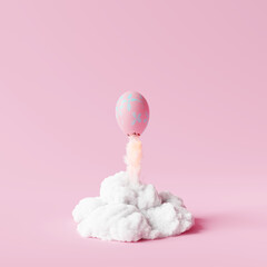 Easter egg rocket on pastel pink background. Creative idea minimal concept. 3d rendering - obrazy, fototapety, plakaty