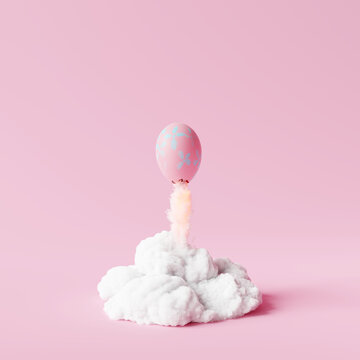 Easter egg rocket on pastel pink background. Creative idea minimal concept. 3d rendering