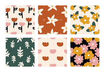 Seamless Hand drawn abstract organic flowers and leaves shapes patterns