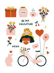 Cute Valentine day icons elements with Wedding Bicycles Spring Bouquet Love bottle jar Blooming Red flowers Finger heart envelope Hot Cocoa chocolate marshmallows Gift box woman balloons illustration