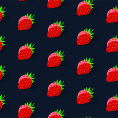 Strawberries seamless pattern on dark blue background. Vector background of summer berry. 