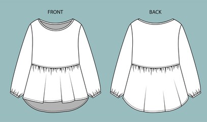 Women's Top Fashion Flat Sketch. blouse front and back view.